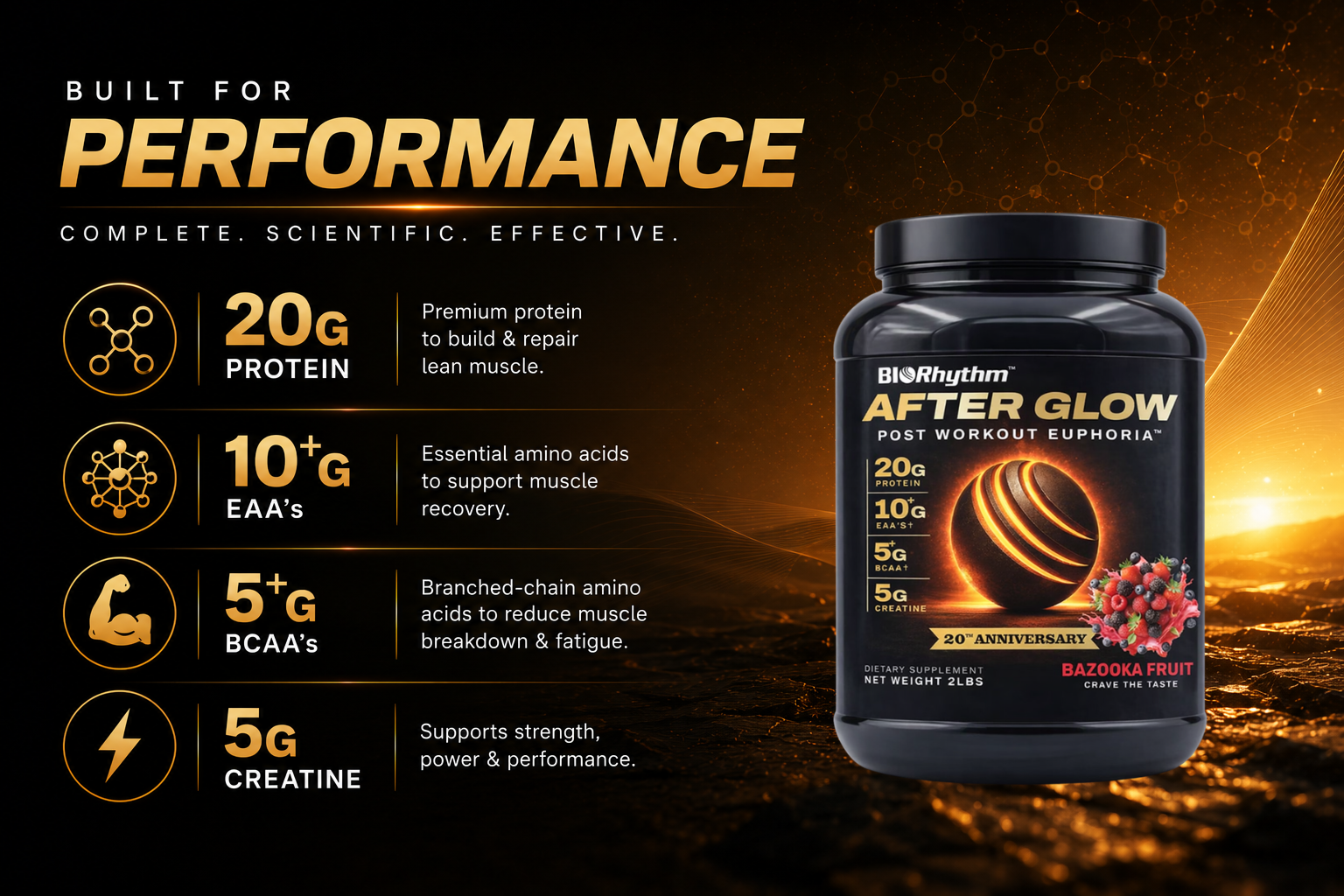 Built for performance. Complete. Scientific. Effective. 20 grams of premium protein to build and repair lean muscle. 10 Grams of EAA's (Essential Amino Acids) to support muscle recovery. 5 grams of BCAA's (Branch-Chain Amino Acids) to reduce muscle breakdown and fatigue. 5 grams of creatine to support strength, power and performance.